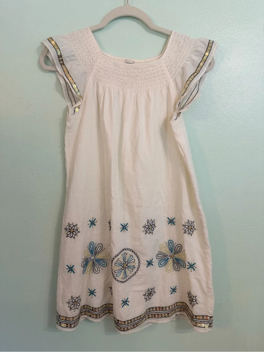 Old Navy White Embroidered Floral Sundress with Metallic Trim